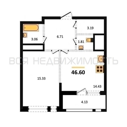 1-комнатная квартира, 46.6кв.м - изображение