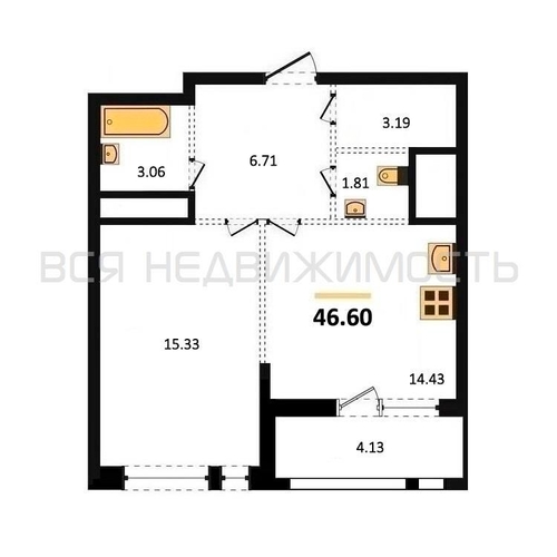 1-комнатная квартира, 46.6кв.м - изображение 0