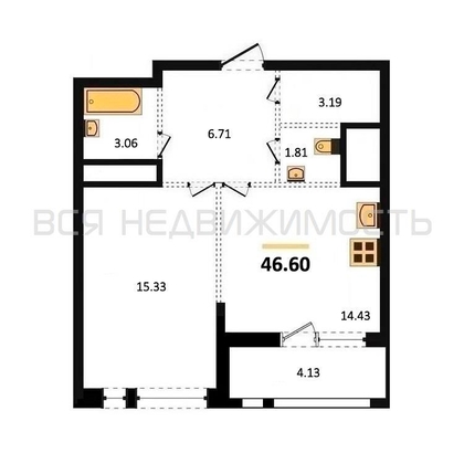 1-комнатная квартира, 46.6кв.м - изображение