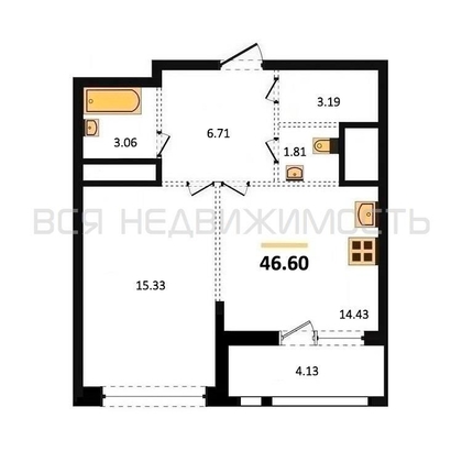1-комнатная квартира, 46.6кв.м - изображение
