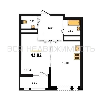 1-комнатная квартира, 42.82кв.м - изображение
