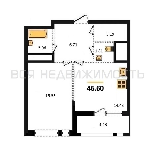 1-комнатная квартира, 46.6кв.м - изображение 0