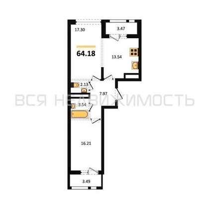 2-комнатная квартира, 64.18кв.м - изображение