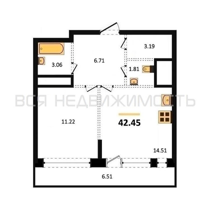 1-комнатная квартира, 42.45кв.м - изображение