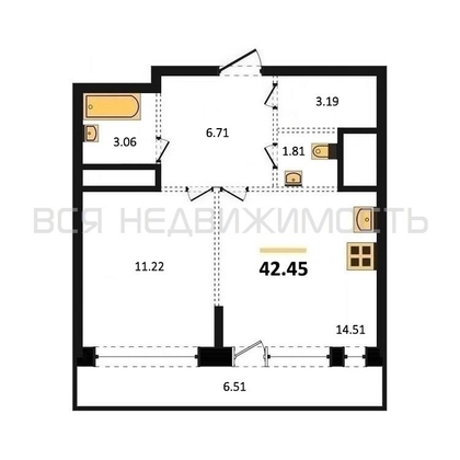 1-комнатная квартира, 42.45кв.м - изображение