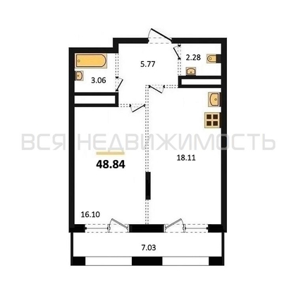1-комнатная квартира, 48.84кв.м - изображение