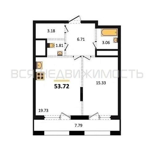 1-комнатная квартира, 53.72кв.м - изображение 0