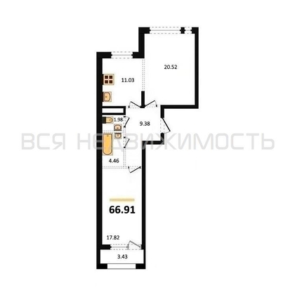2-комнатная квартира, 66.91кв.м - изображение