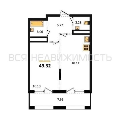 1-комнатная квартира, 49.32кв.м - изображение