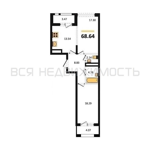 2-комнатная квартира, 68.64кв.м - изображение 0
