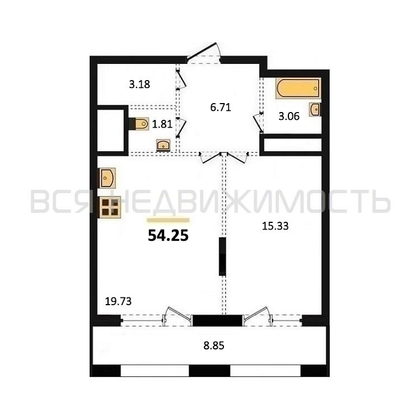 1-комнатная квартира, 54.25кв.м - изображение