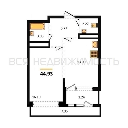 1-комнатная квартира, 44.93кв.м - изображение