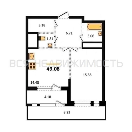 1-комнатная квартира, 49.08кв.м - изображение