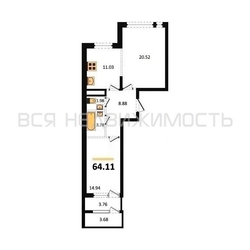 2-комнатная квартира, 64.11кв.м 2-комнатная квартира, 64.11кв.м - изображение 1