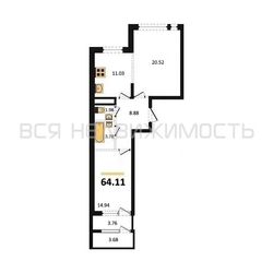 2-комнатная квартира, 64.11кв.м - изображение 1