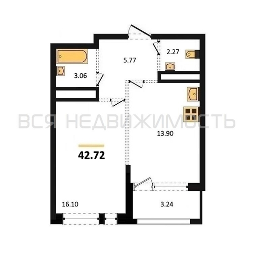1-комнатная квартира, 42.72кв.м - изображение 0