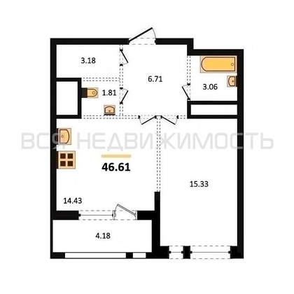 1-комнатная квартира, 46.61кв.м - изображение
