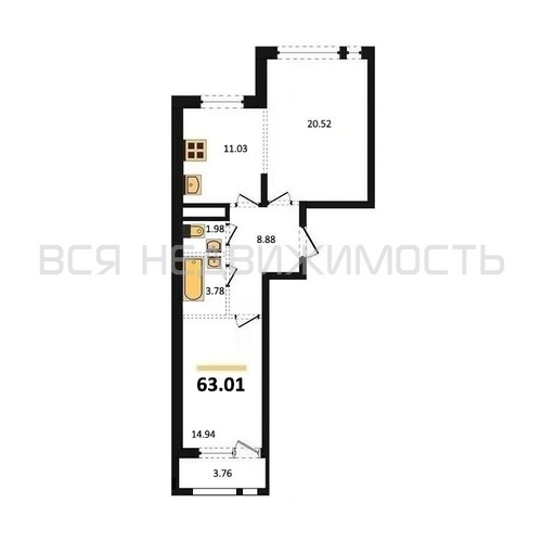 2-комнатная квартира, 63.01кв.м - изображение 0
