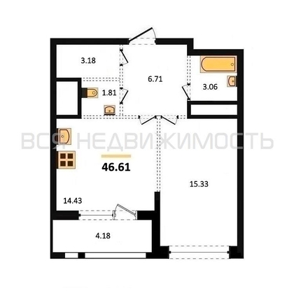 1-комнатная квартира, 46.61кв.м - изображение