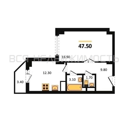 1-комнатная квартира, 47.5кв.м - изображение