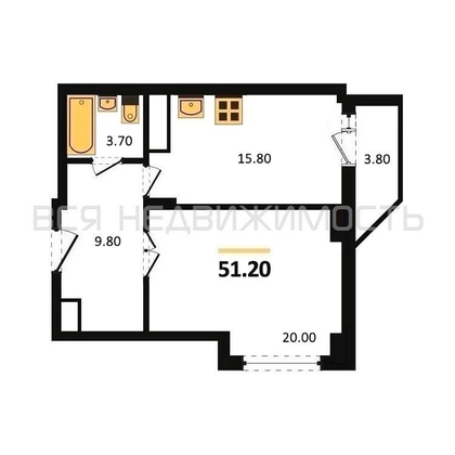 1-комнатная квартира, 51.2кв.м - изображение