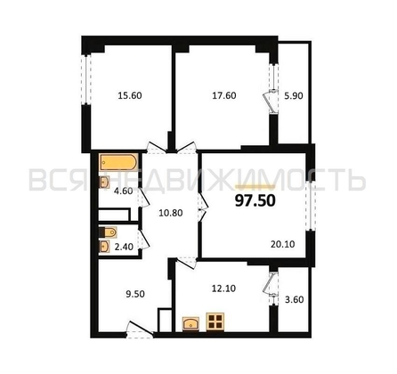 3-комнатная квартира, 97.5кв.м - изображение