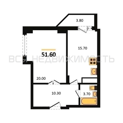 1-комнатная квартира, 51.6кв.м - изображение