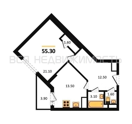 1-комнатная квартира, 55.3кв.м - изображение