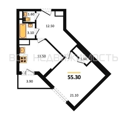 1-комнатная квартира, 55.3кв.м - изображение
