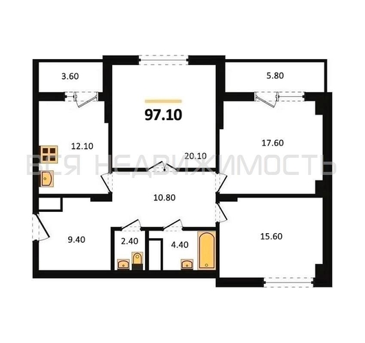3-комнатная квартира, 97.1кв.м - изображение 0