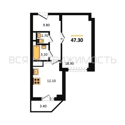 1-комнатная квартира, 47.3кв.м - изображение