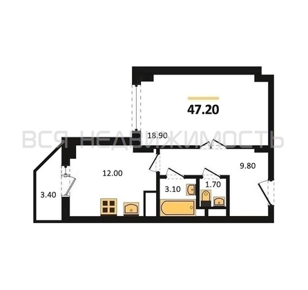 1-комнатная квартира, 47.2кв.м - изображение