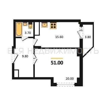 1-комнатная квартира, 51кв.м - изображение