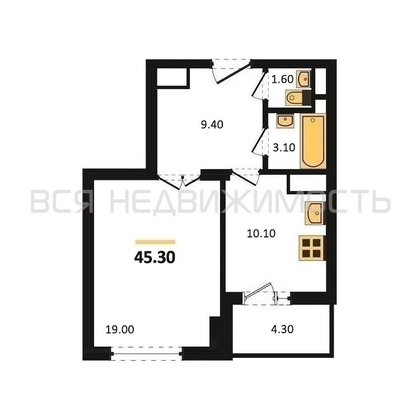 1-комнатная квартира, 45.3кв.м - изображение