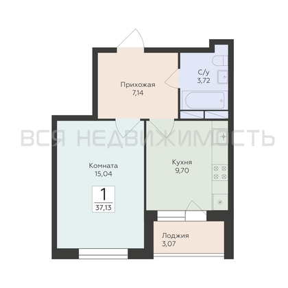 1-комнатная квартира, 37.13кв.м - изображение