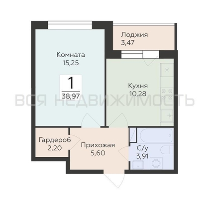 1-комнатная квартира, 38.97кв.м - изображение