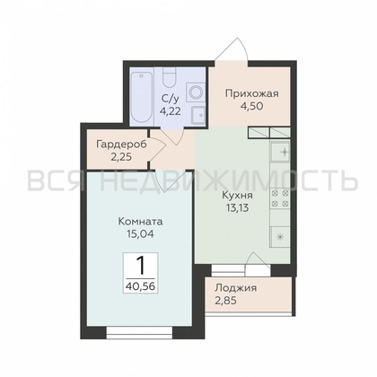 1-комнатная квартира, 40.56кв.м - изображение