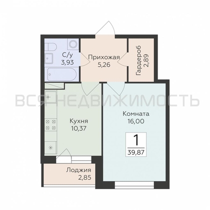 1-комнатная квартира, 39.87кв.м - изображение