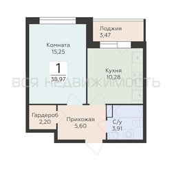 1-комнатная квартира, 38.97кв.м - изображение 1