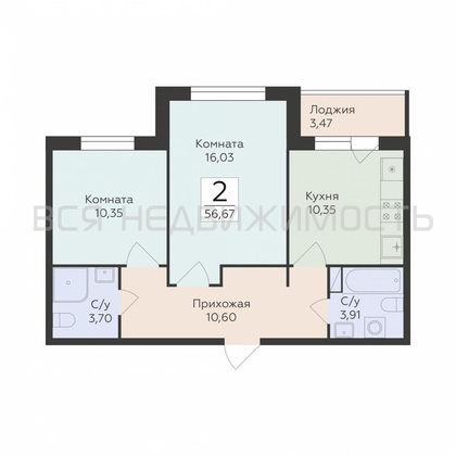 2-комнатная квартира, 56.67кв.м - изображение