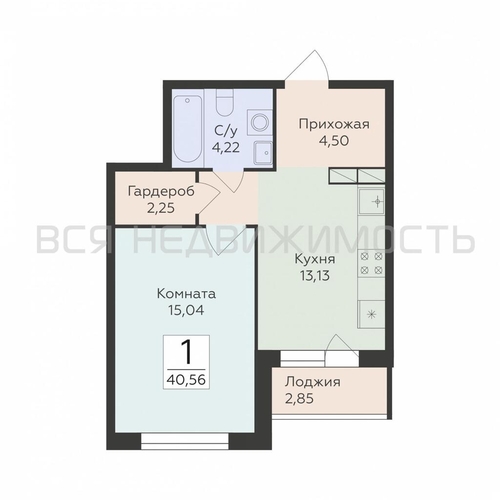 1-комнатная квартира, 40.56кв.м - изображение 0