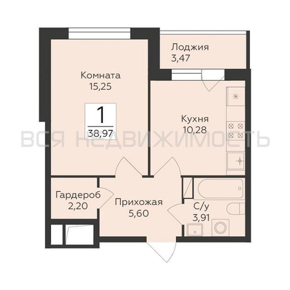 1-комнатная квартира, 38.97кв.м - изображение