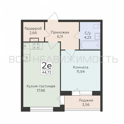 1-комнатная квартира, 44.72кв.м - изображение