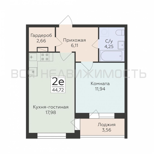 1-комнатная квартира, 44.72кв.м - изображение 0