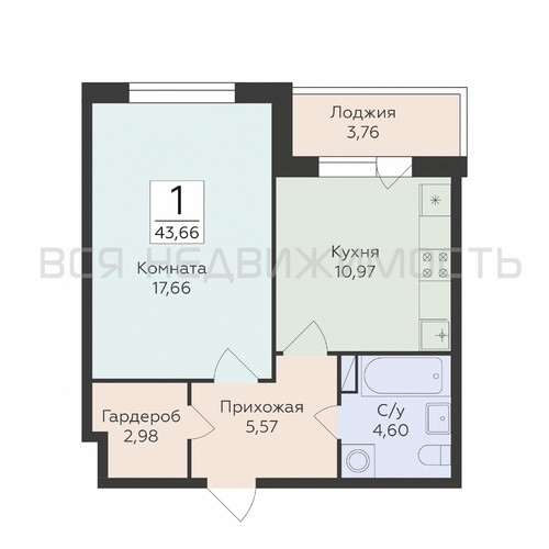 1-комнатная квартира, 43.66кв.м - изображение 0