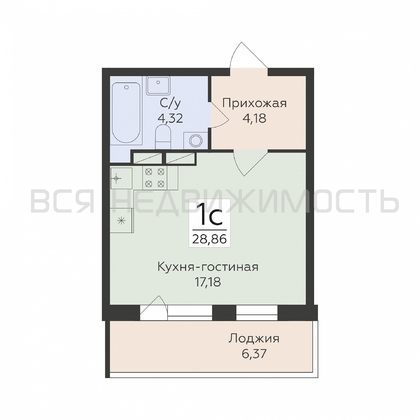 квартира-студия, 28,86кв.м. - изображение