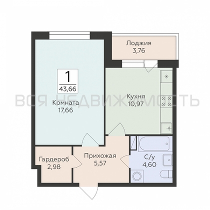 1-комнатная квартира, 43.66кв.м - изображение