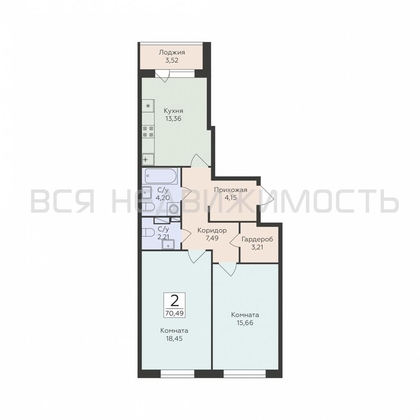 2-комнатная квартира, 70.49кв.м - изображение
