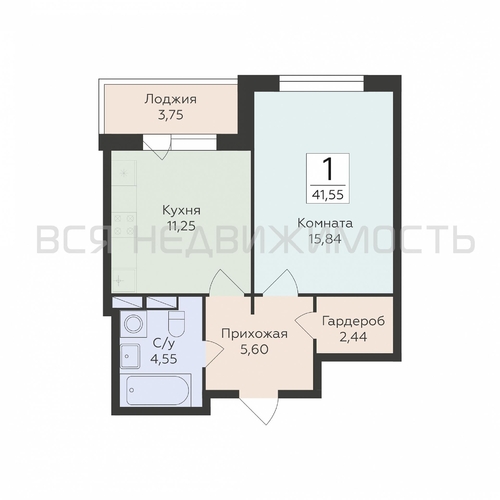 1-комнатная квартира, 41.55кв.м - изображение 0