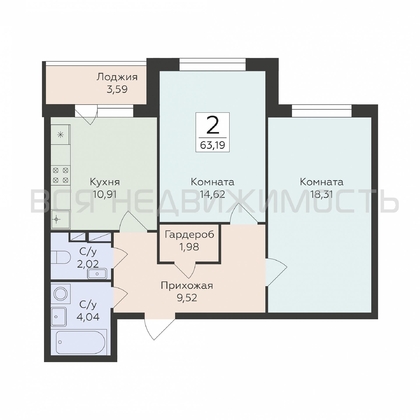 2-комнатная квартира, 63.19кв.м - изображение